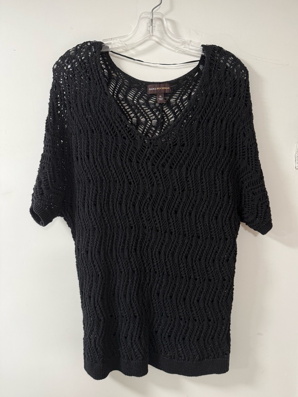 Dana Buchman Black Open-Weave V-Neck Short Sleeve Sweater Top